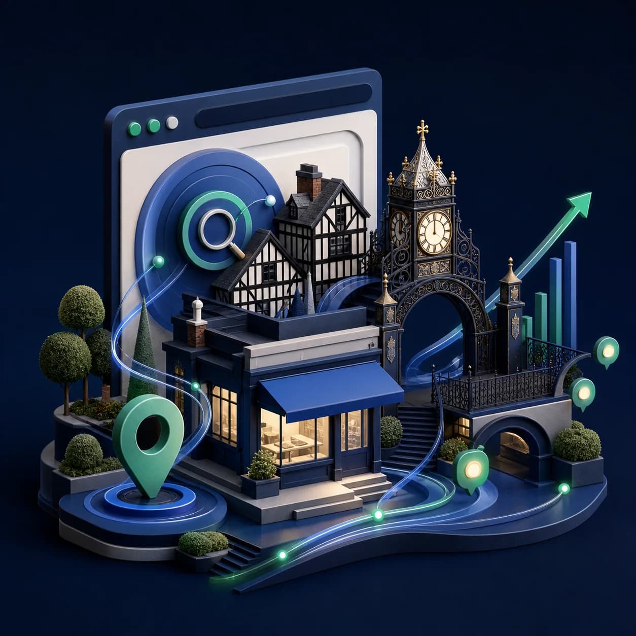 Illustration of a Chester business connected to search, enquiries and automated workflows