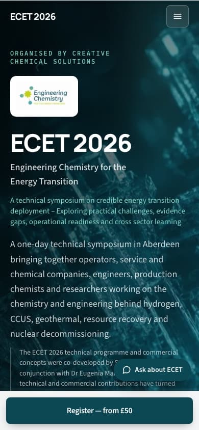 ECET 2026 mobile event website on a phone-sized screen