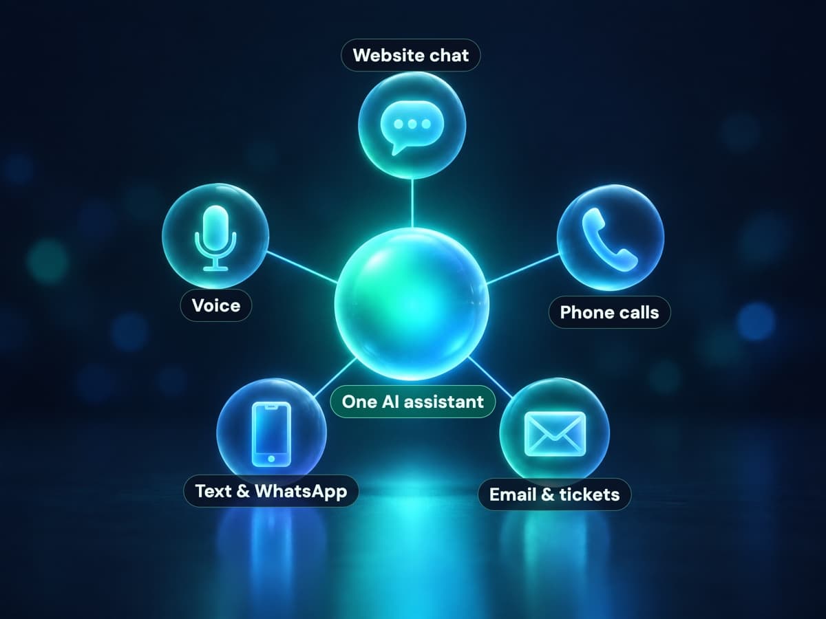 One AI assistant connected to website chat, voice, phone calls, text messages and WhatsApp, and email and tickets