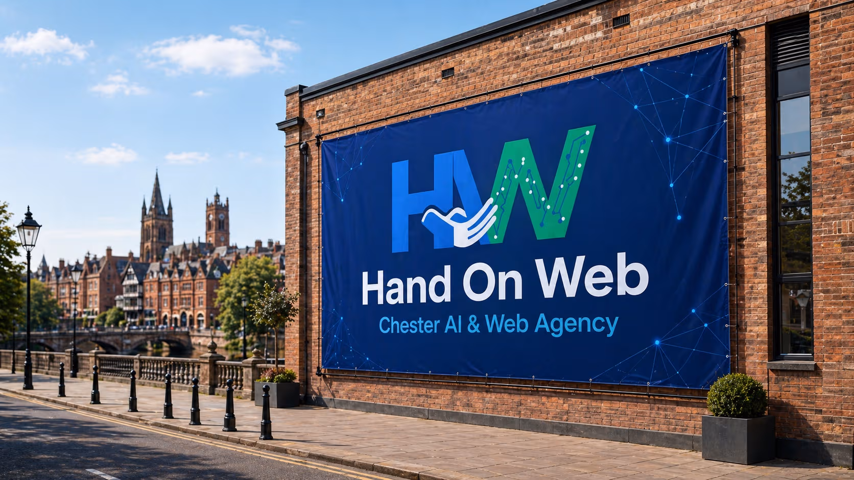 Concept visual of a Hand On Web banner on a Chester city centre building