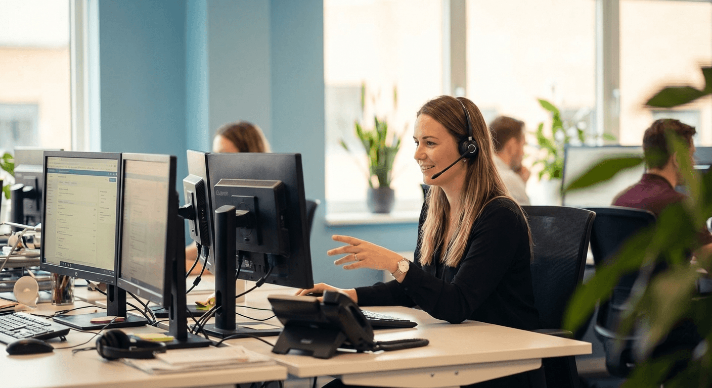 Customer service representative using AI chatbot technology