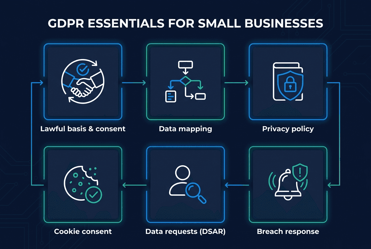 The six GDPR essentials for small businesses: lawful basis and consent, data mapping, privacy policy, cookie consent, data subject access requests, and breach response