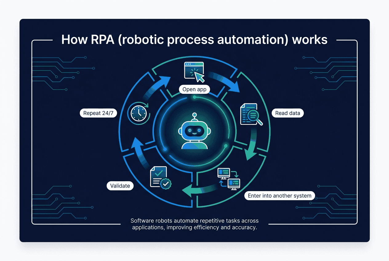 How RPA works: a software robot opens an app, reads data, enters it into another system, validates it, and repeats around the clock