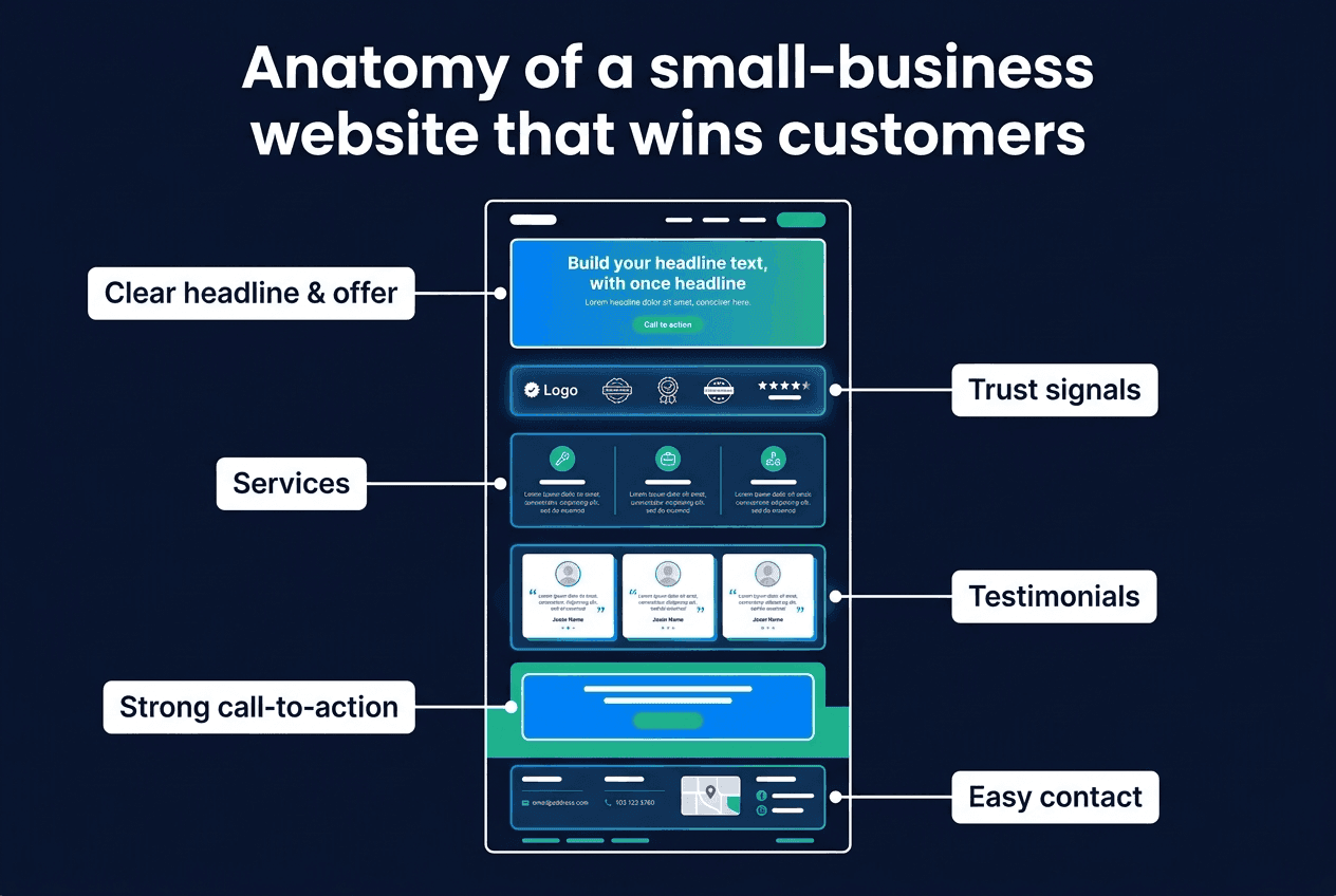 Anatomy of a small-business website that wins customers: a clear headline and offer, trust signals, services, testimonials, a strong call-to-action and easy contact
