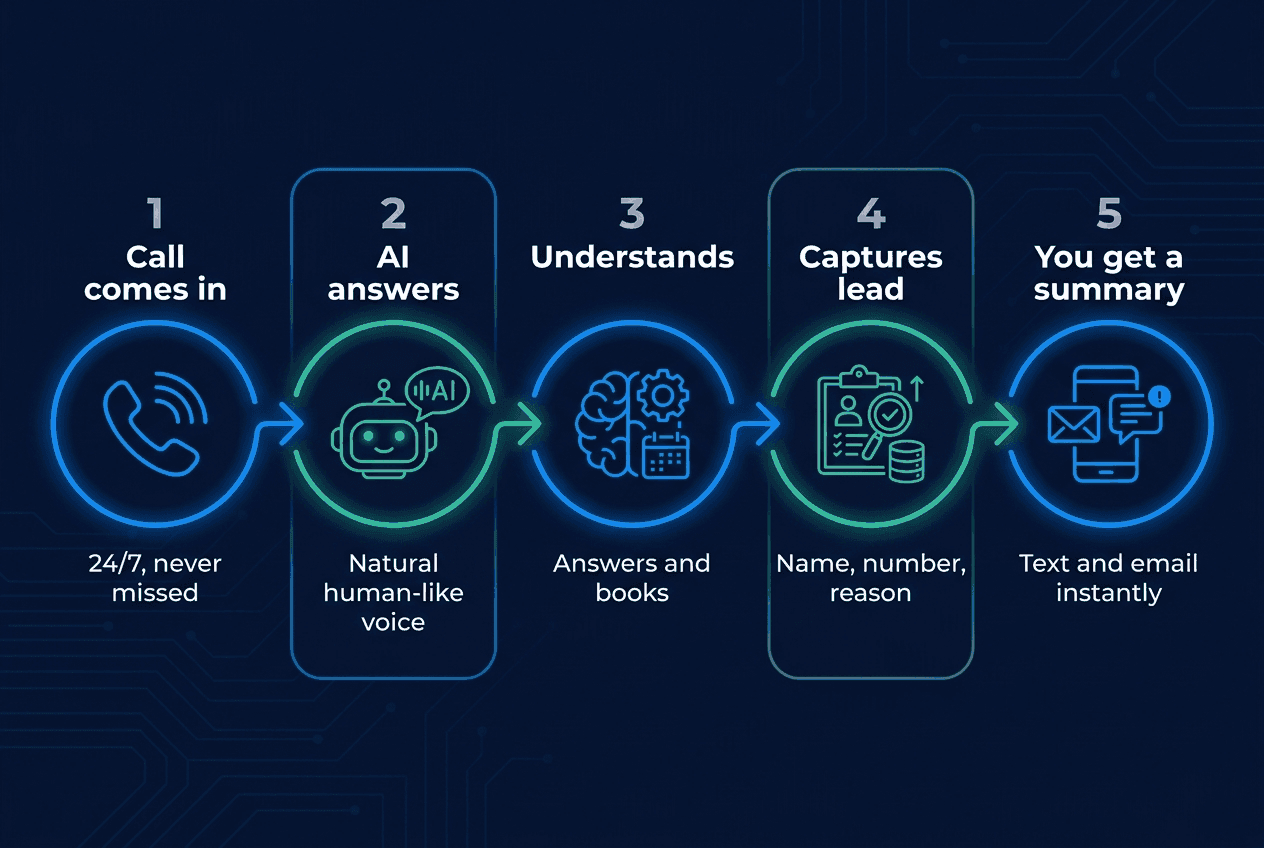 How our AI voice receptionist handles a call in five steps, from call to summary