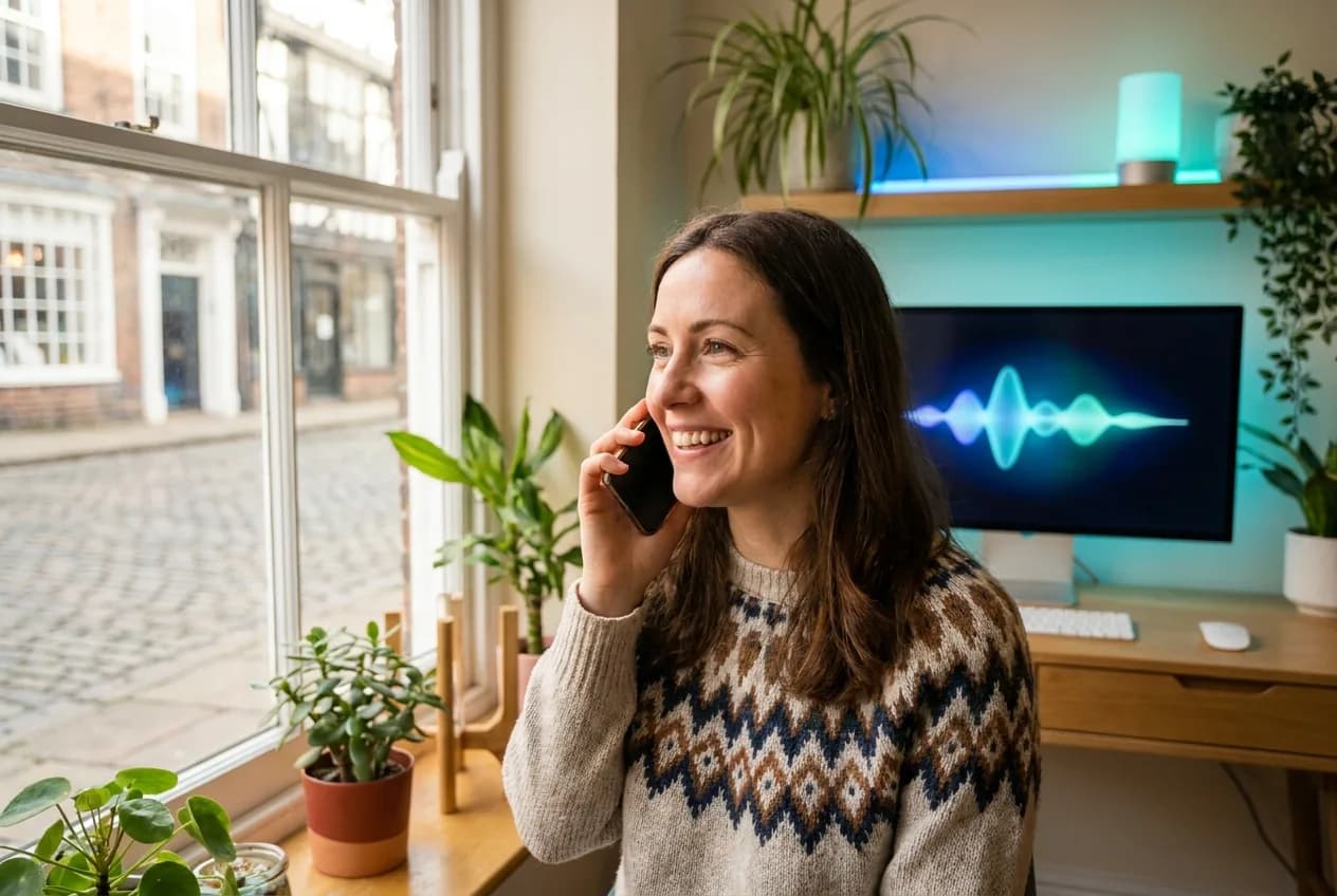 A UK small-business owner taking a call while an AI voice assistant handles calls in the background