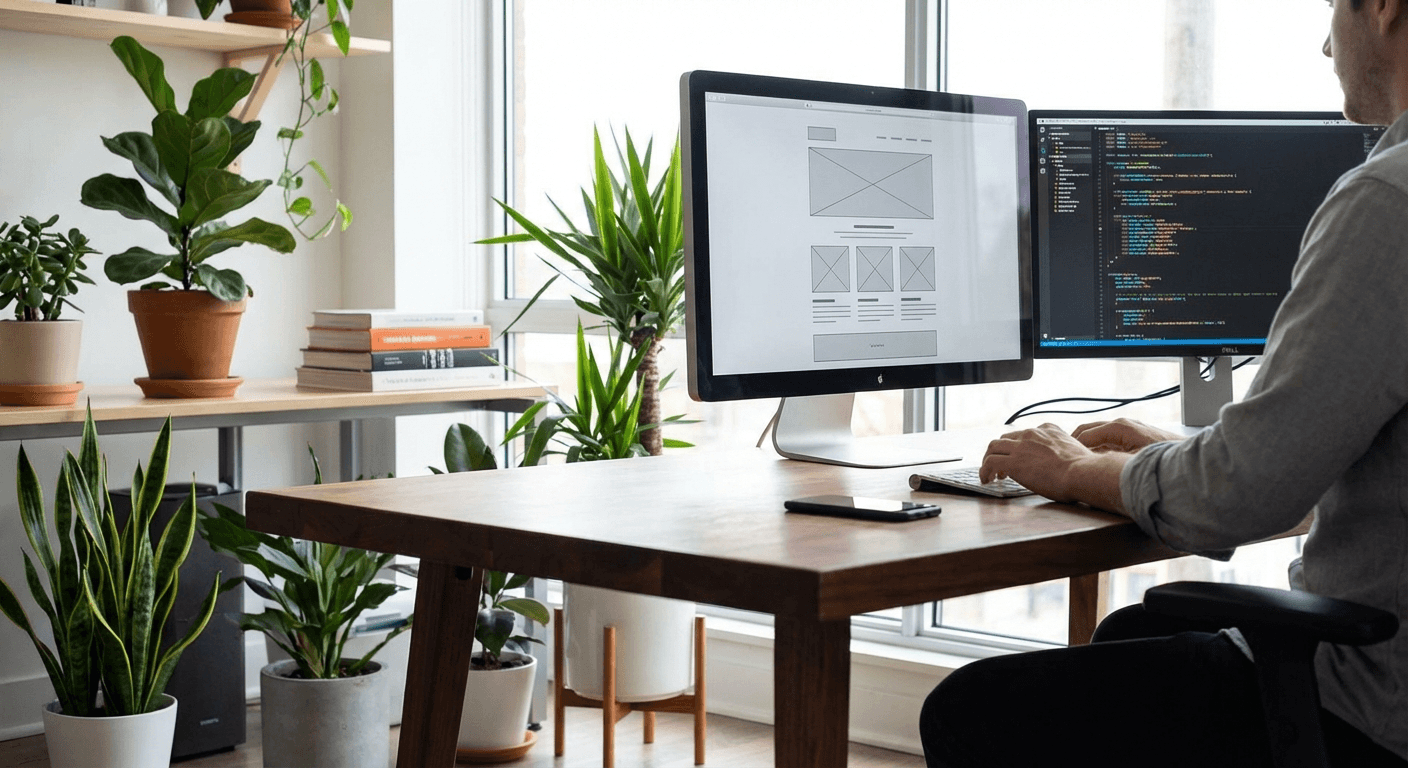 Creative web design workspace with modern UI mockups