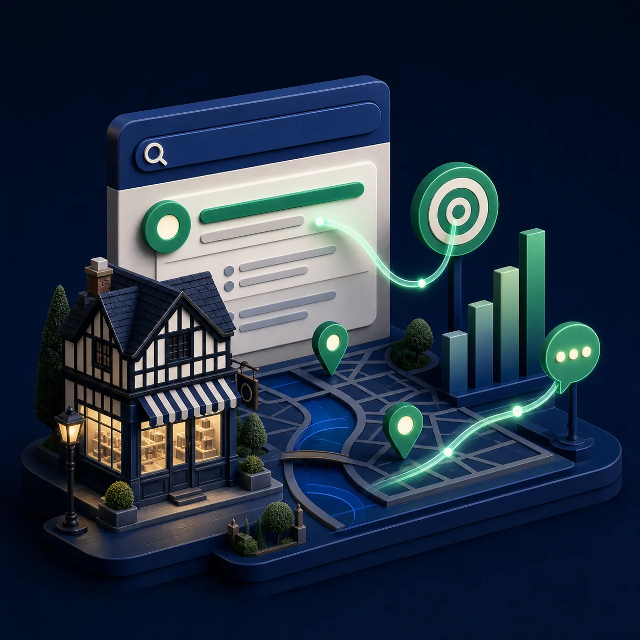 Illustration of local search visibility connecting a Chester business to rankings and enquiries