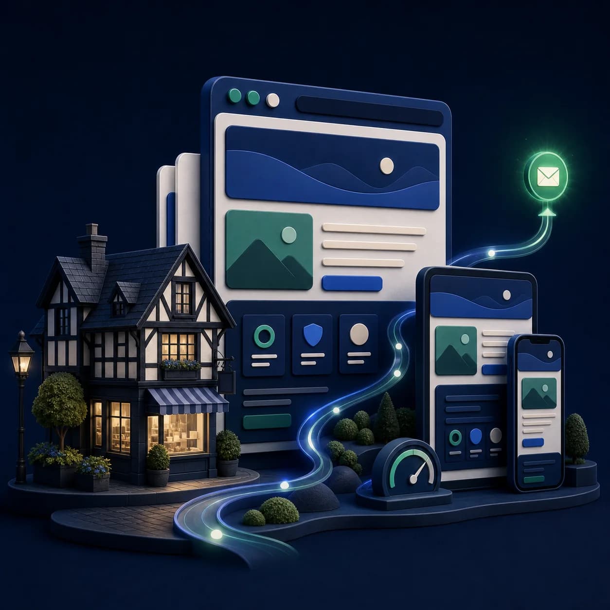 Illustration of a Chester business connected to a responsive website and customer enquiry