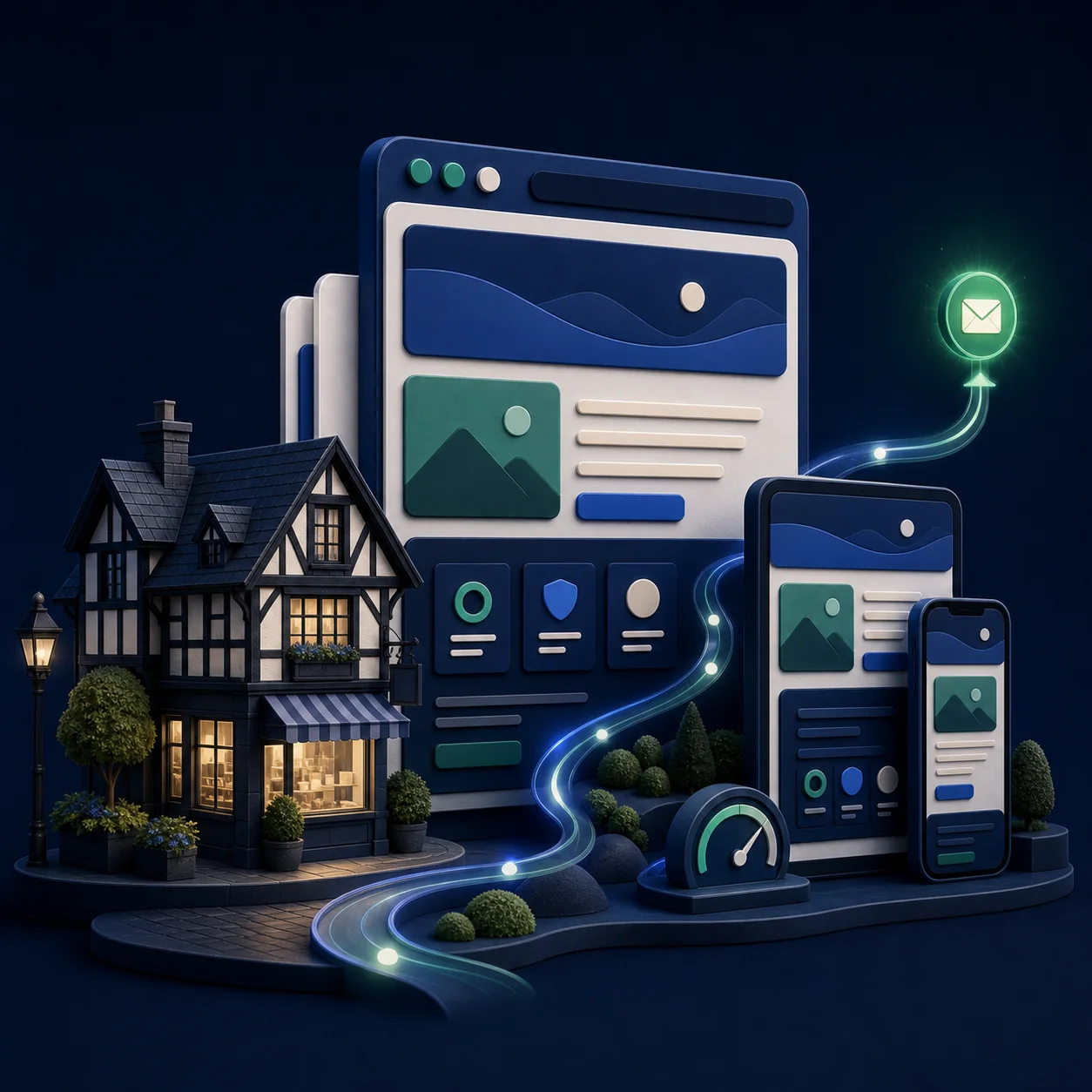 Illustration of a Chester business connected to a responsive website and customer enquiry