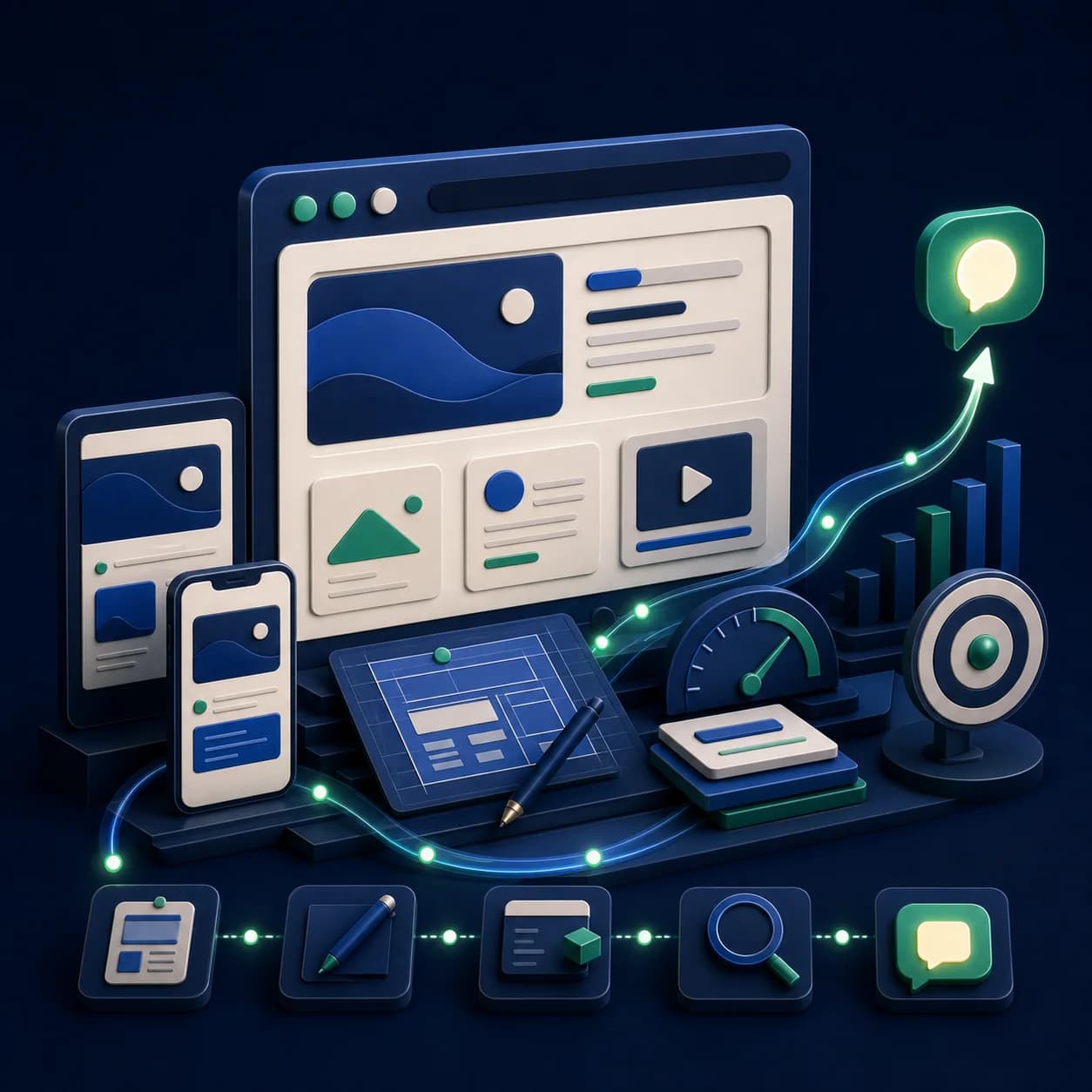 Illustration of a responsive website being designed, tested and connected to a customer enquiry