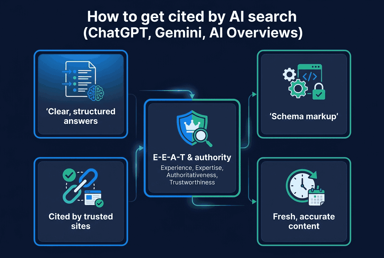 How to get cited by AI search like ChatGPT, Gemini and Google AI Overviews: clear structured answers, schema markup, E-E-A-T and authority, citations from trusted sites, and fresh accurate content