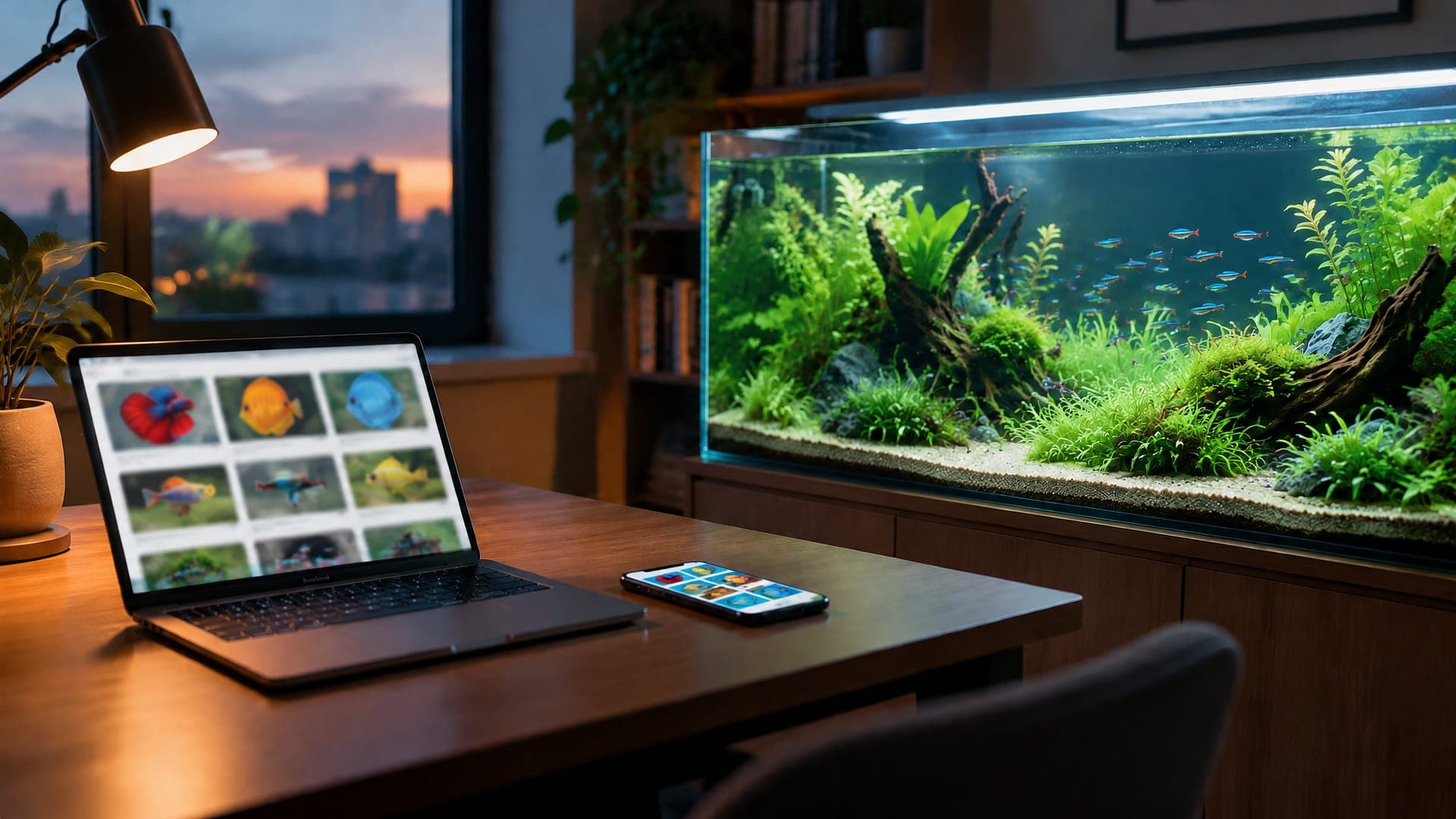 Illustration: a laptop and phone showing an online fish shop beside a planted aquarium with neon tetras at dusk