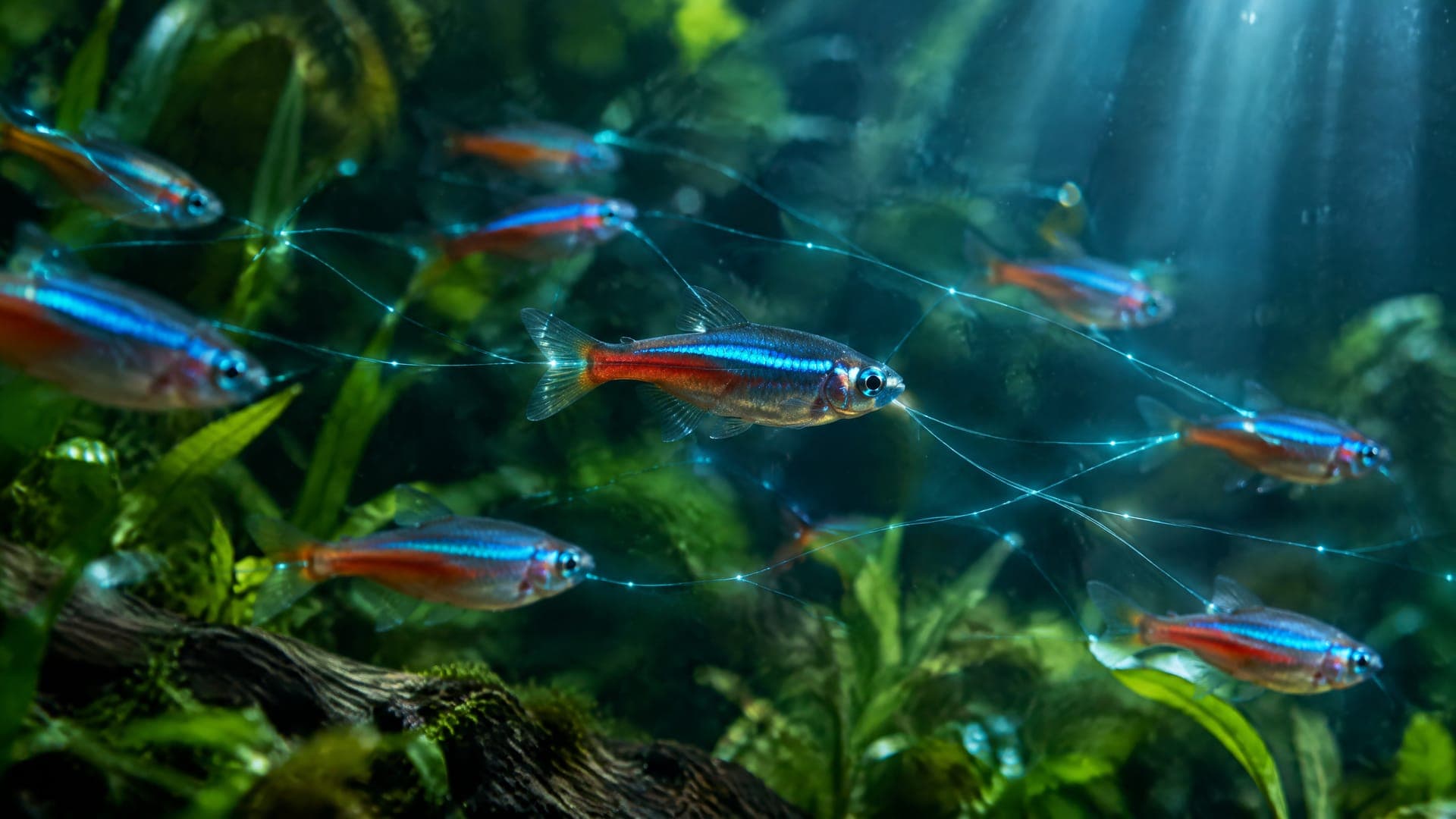 Illustration: a shoal of tetras in a planted aquarium linked by fine lines of light