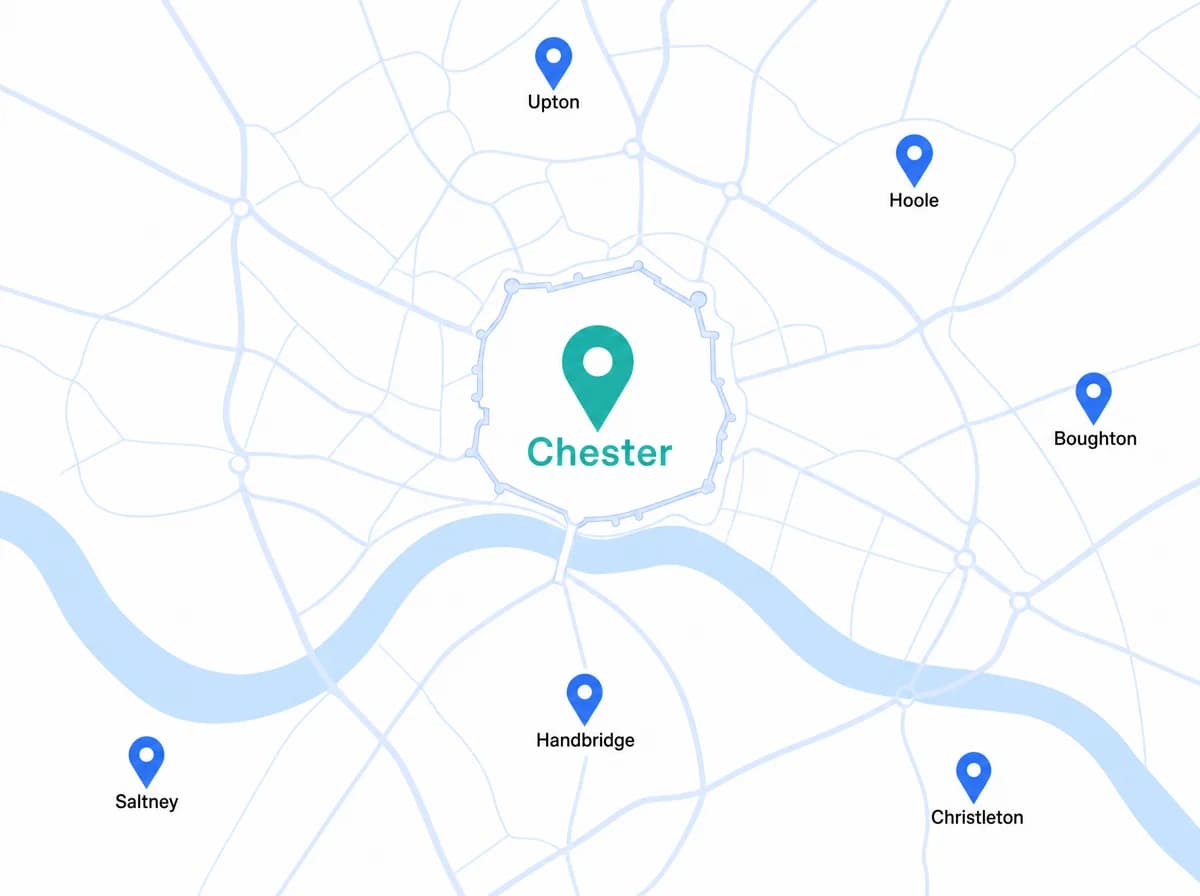 Illustrated map of Chester showing the neighbourhoods we cover: Hoole, Boughton, Handbridge, Saltney, Upton and Christleton