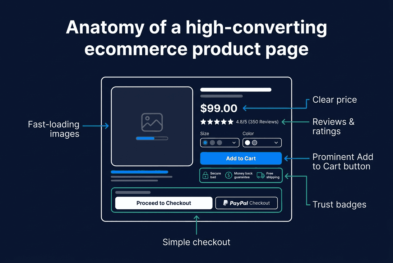 Anatomy of a high-converting ecommerce product page: fast-loading images, clear price, reviews and ratings, a prominent add-to-cart button, trust badges and a simple checkout