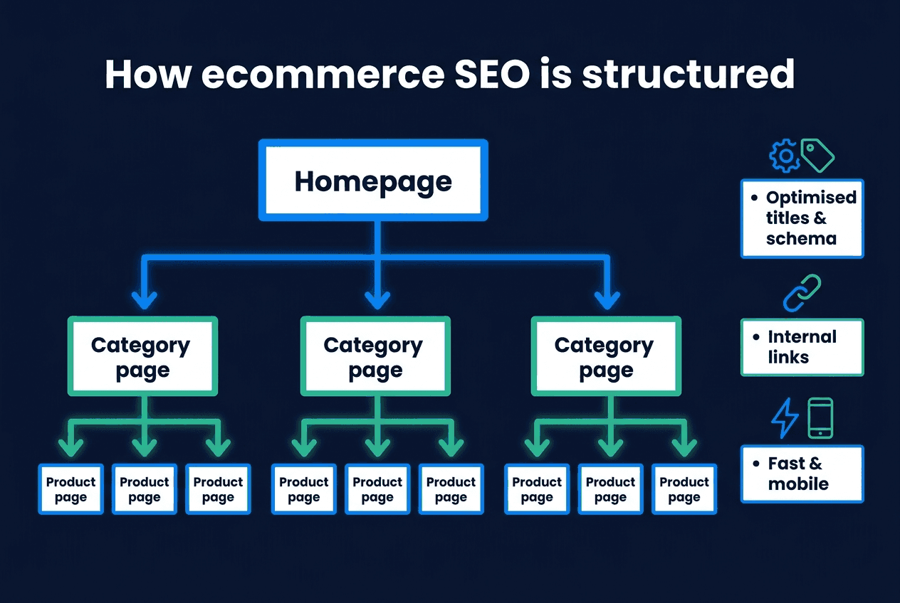 How ecommerce SEO is structured: a clean hierarchy from homepage to category pages to product pages, with optimised titles and schema, internal links, and fast mobile performance