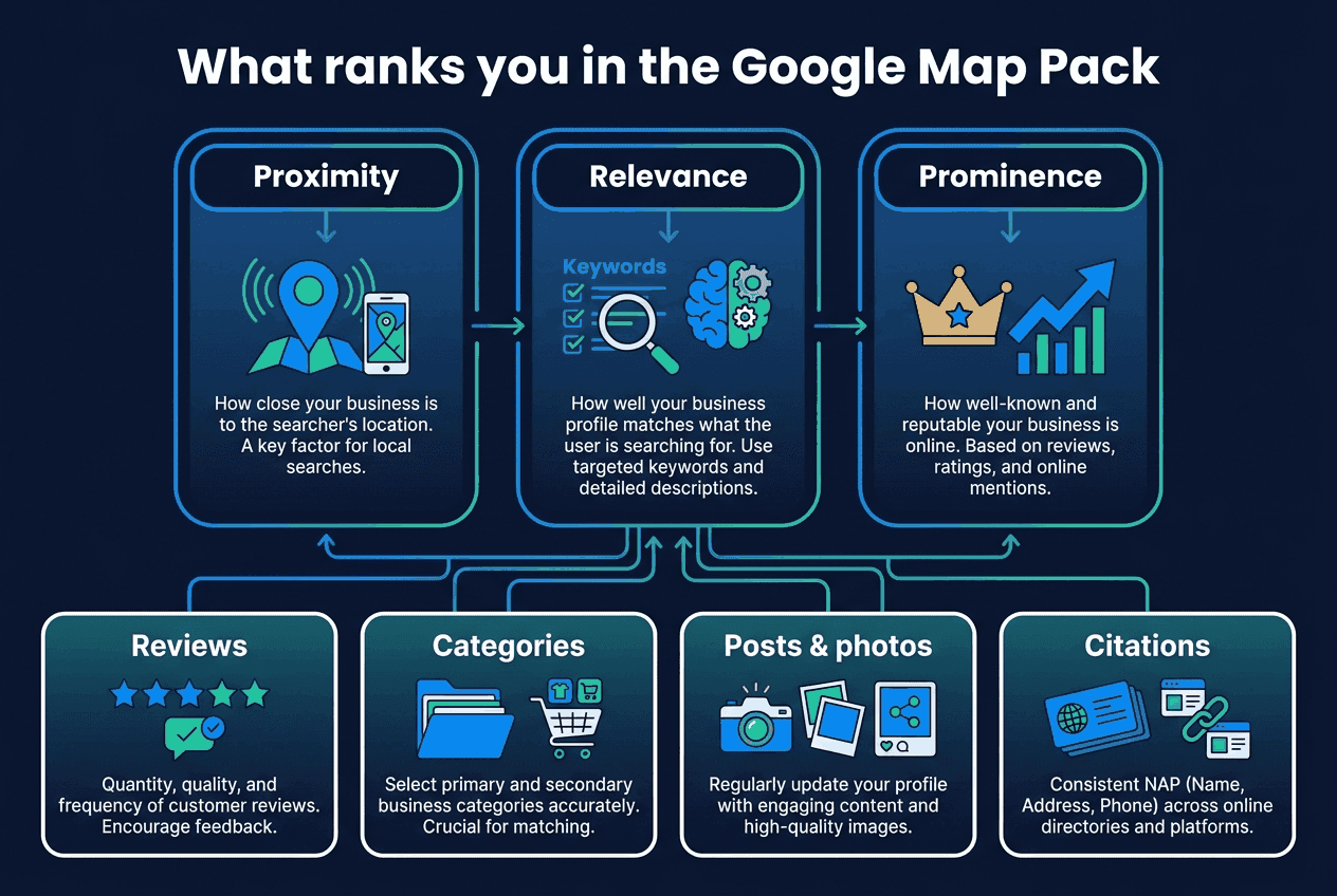 What ranks you in the Google Map Pack: the three pillars of proximity, relevance and prominence, boosted by reviews, categories, posts and photos, and citations
