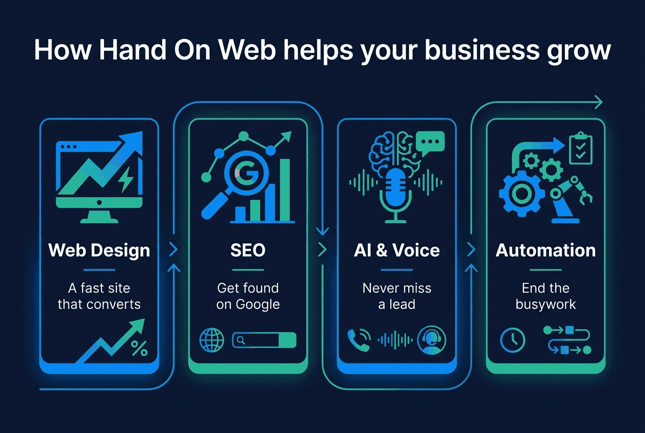 How Hand On Web helps your business grow: web design for a fast converting site, SEO to get found on Google, AI and voice so you never miss a lead, and automation to end the busywork