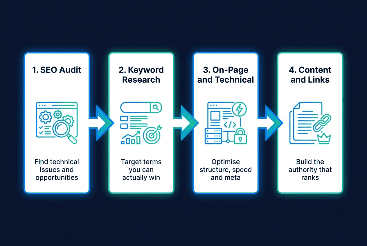 Our four-step SEO process: SEO audit, keyword research, on-page and technical optimisation, then content and link building