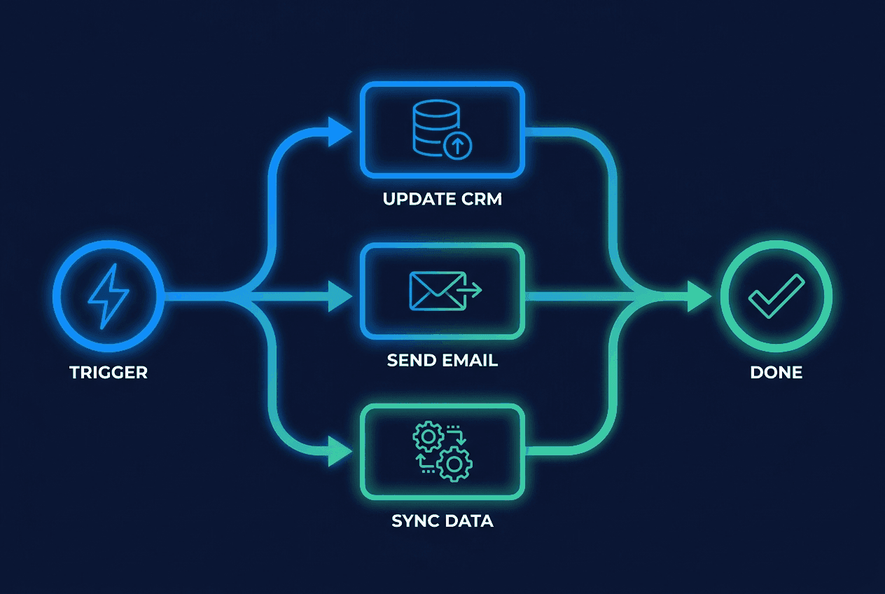 A workflow automation flow: one trigger runs several automated actions, then completes